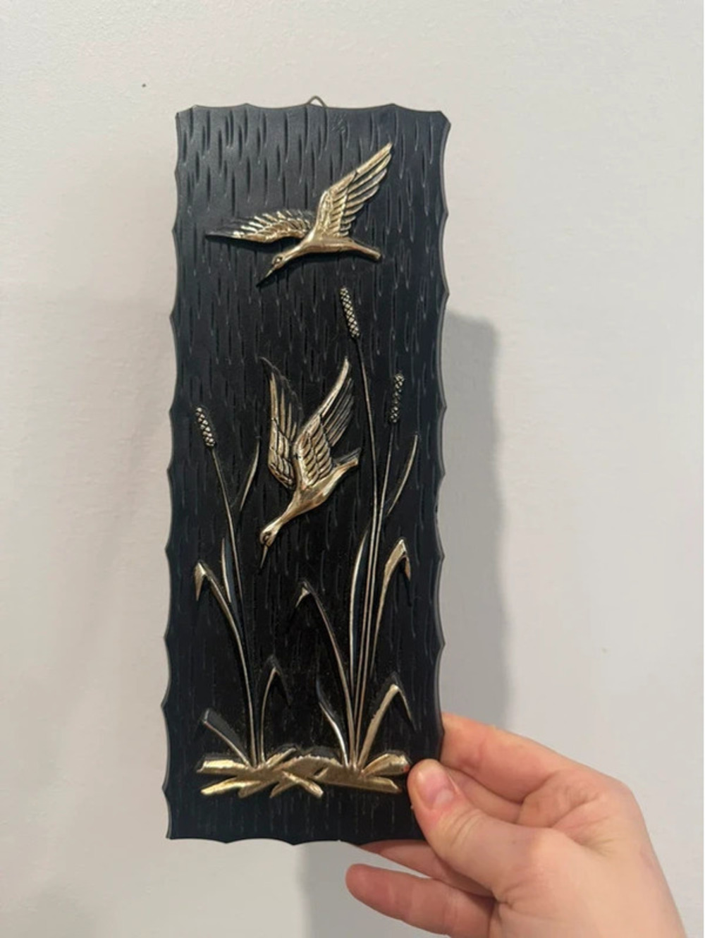 Vintage Mid Century Flying Ducks Wall Plaque Black Gold Cattails MCM Decor